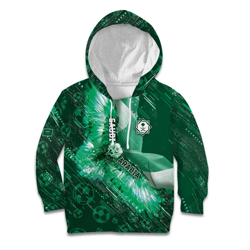 Custom Saudi Arabia Football Kid Hoodie Eagle With Desert Glitch Cyberpunk Art