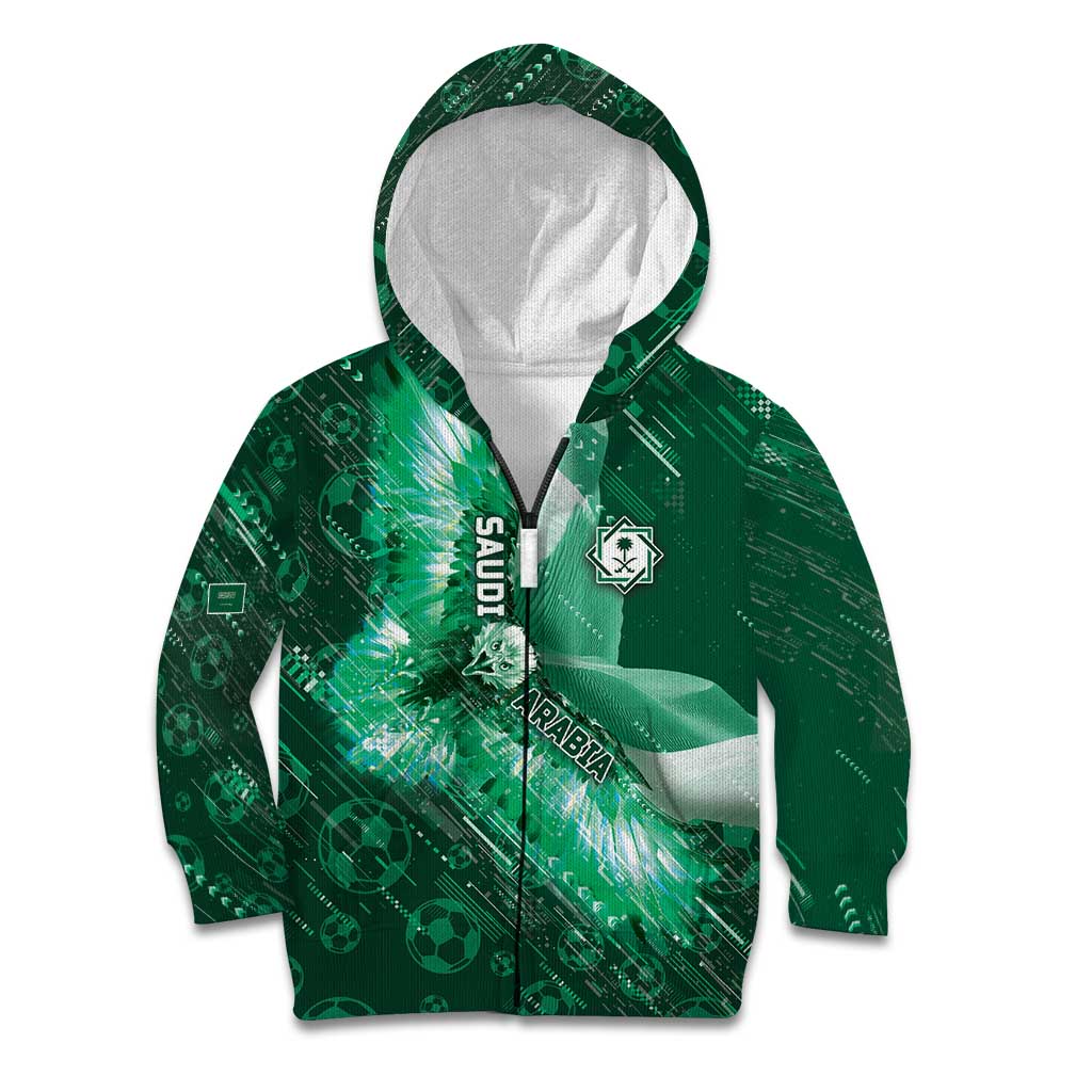 Custom Saudi Arabia Football Kid Hoodie Eagle With Desert Glitch Cyberpunk Art