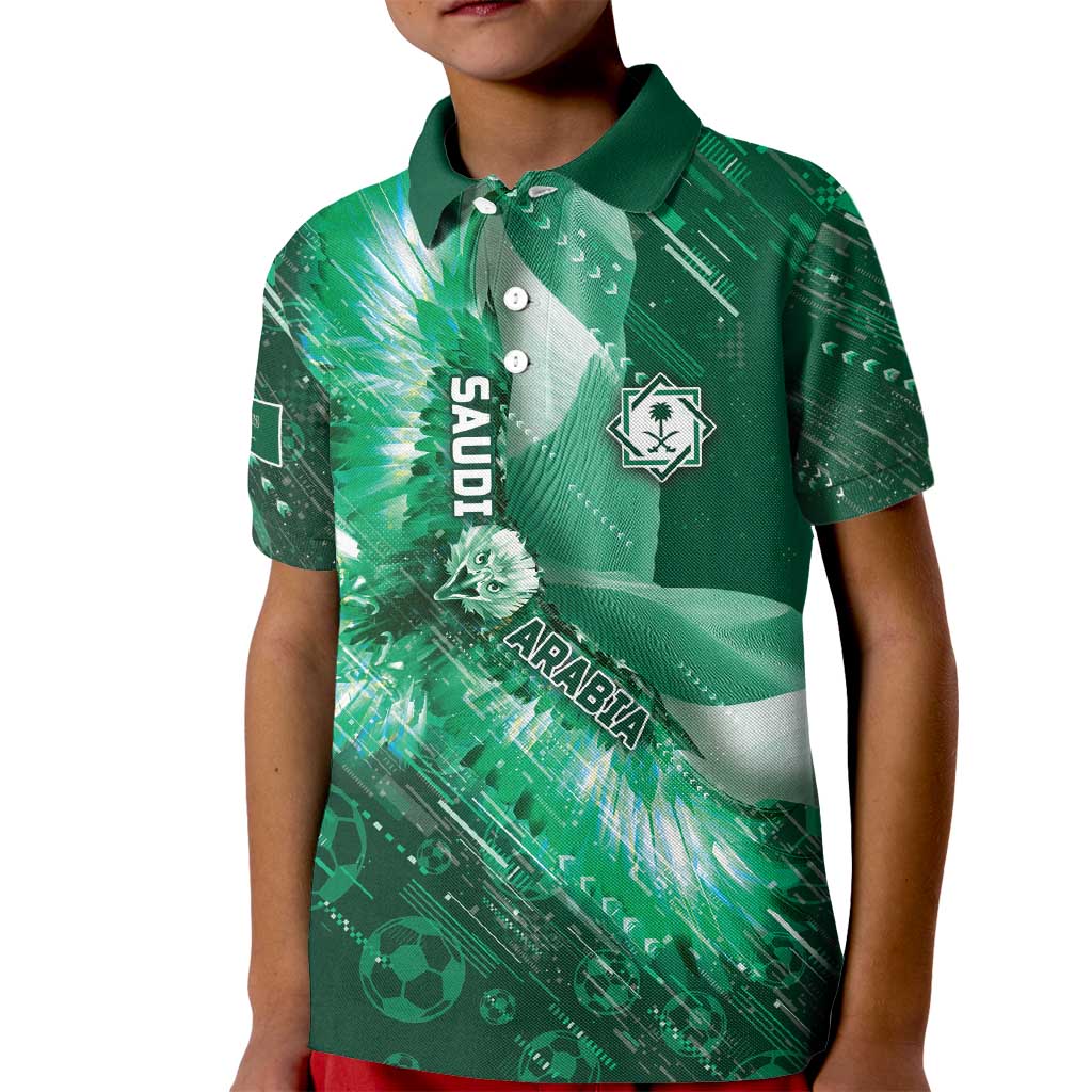 Custom Saudi Arabia Football Kid Polo Shirt Eagle With Desert Glitch Cyberpunk Art