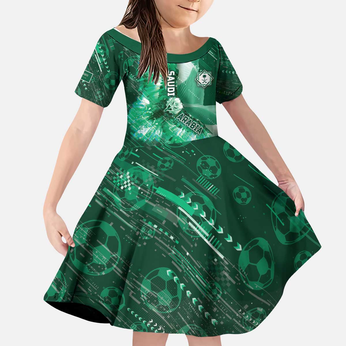 Custom Saudi Arabia Football Kid Short Sleeve Dress Eagle With Desert Glitch Cyberpunk Art