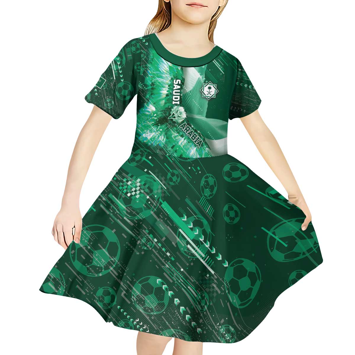Custom Saudi Arabia Football Kid Short Sleeve Dress Eagle With Desert Glitch Cyberpunk Art