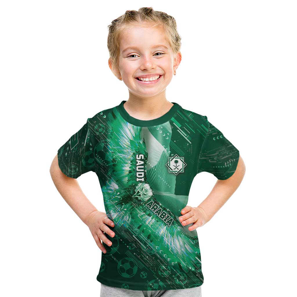 Custom Saudi Arabia Football Kid T Shirt Eagle With Desert Glitch Cyberpunk Art