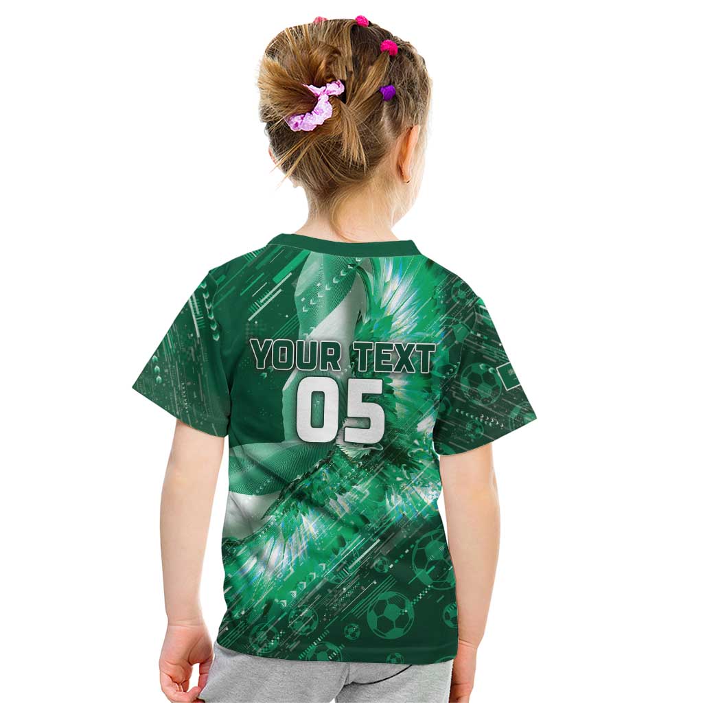 Custom Saudi Arabia Football Kid T Shirt Eagle With Desert Glitch Cyberpunk Art