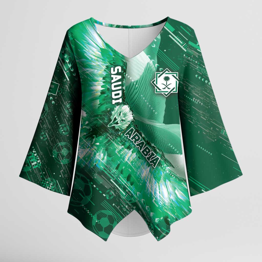 Custom Saudi Arabia Football Kimono Sleeve Blouse Eagle With Desert Glitch Cyberpunk Art