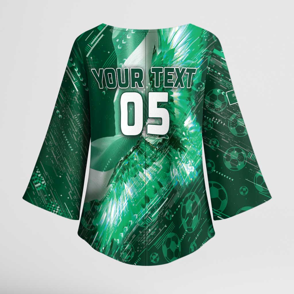 Custom Saudi Arabia Football Kimono Sleeve Blouse Eagle With Desert Glitch Cyberpunk Art