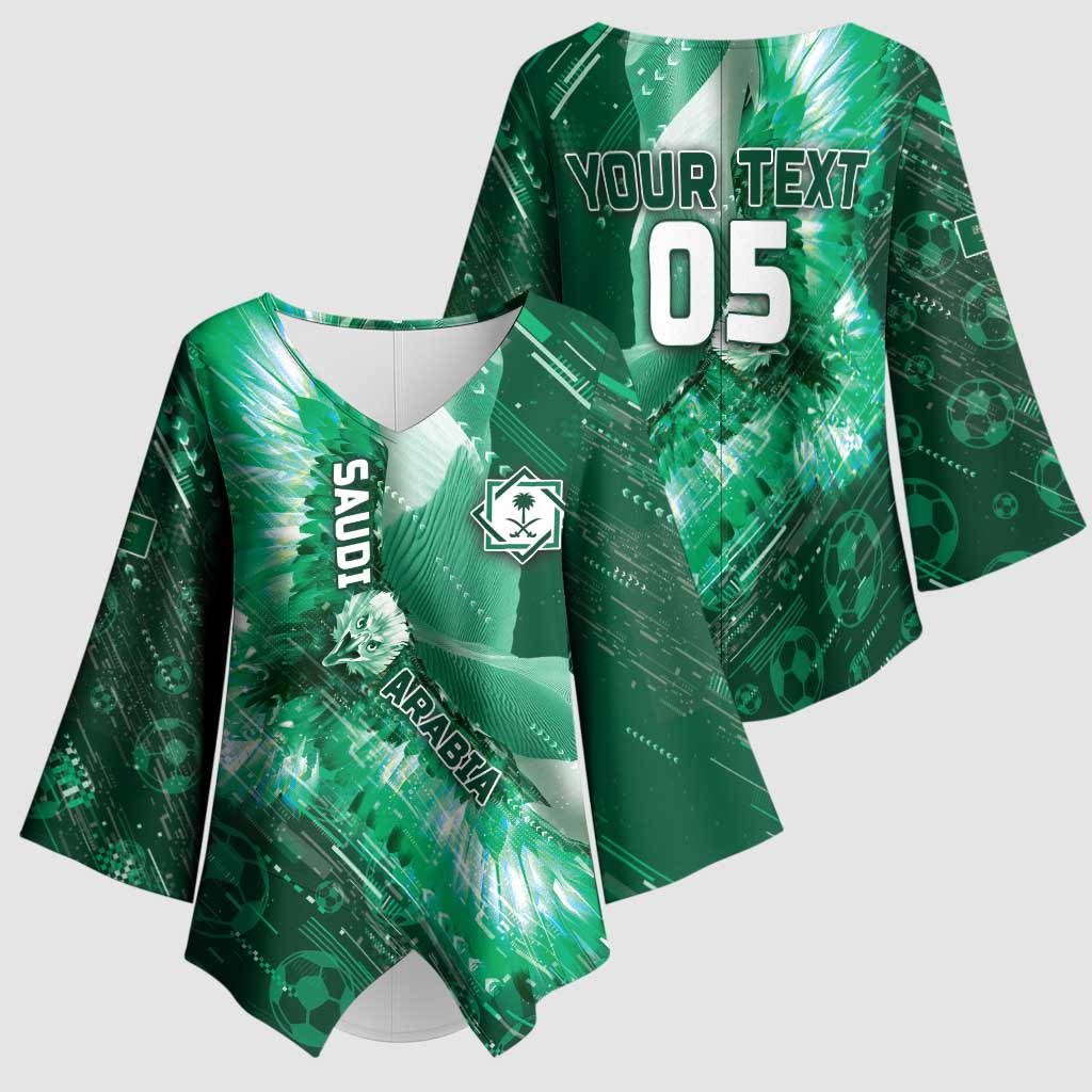 Custom Saudi Arabia Football Kimono Sleeve Blouse Eagle With Desert Glitch Cyberpunk Art