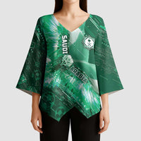 Custom Saudi Arabia Football Kimono Sleeve Blouse Eagle With Desert Glitch Cyberpunk Art