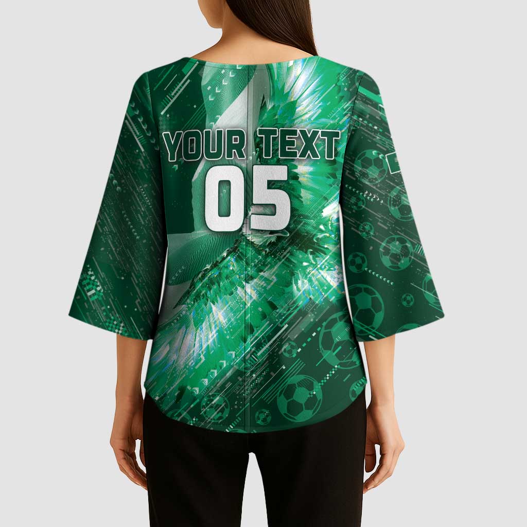 Custom Saudi Arabia Football Kimono Sleeve Blouse Eagle With Desert Glitch Cyberpunk Art