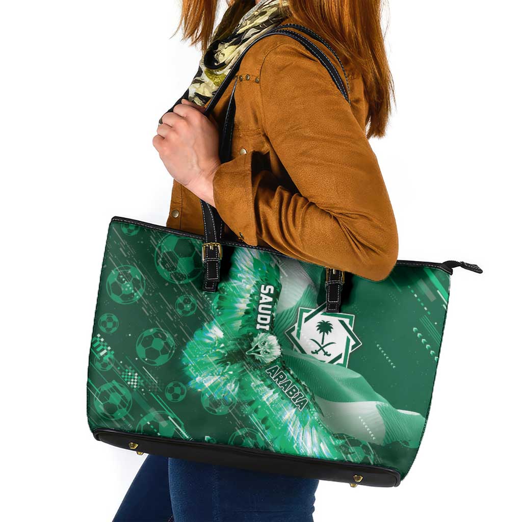 Saudi Arabia Football Leather Tote Bag Eagle With Desert Glitch Cyberpunk Art