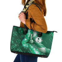 Saudi Arabia Football Leather Tote Bag Eagle With Desert Glitch Cyberpunk Art