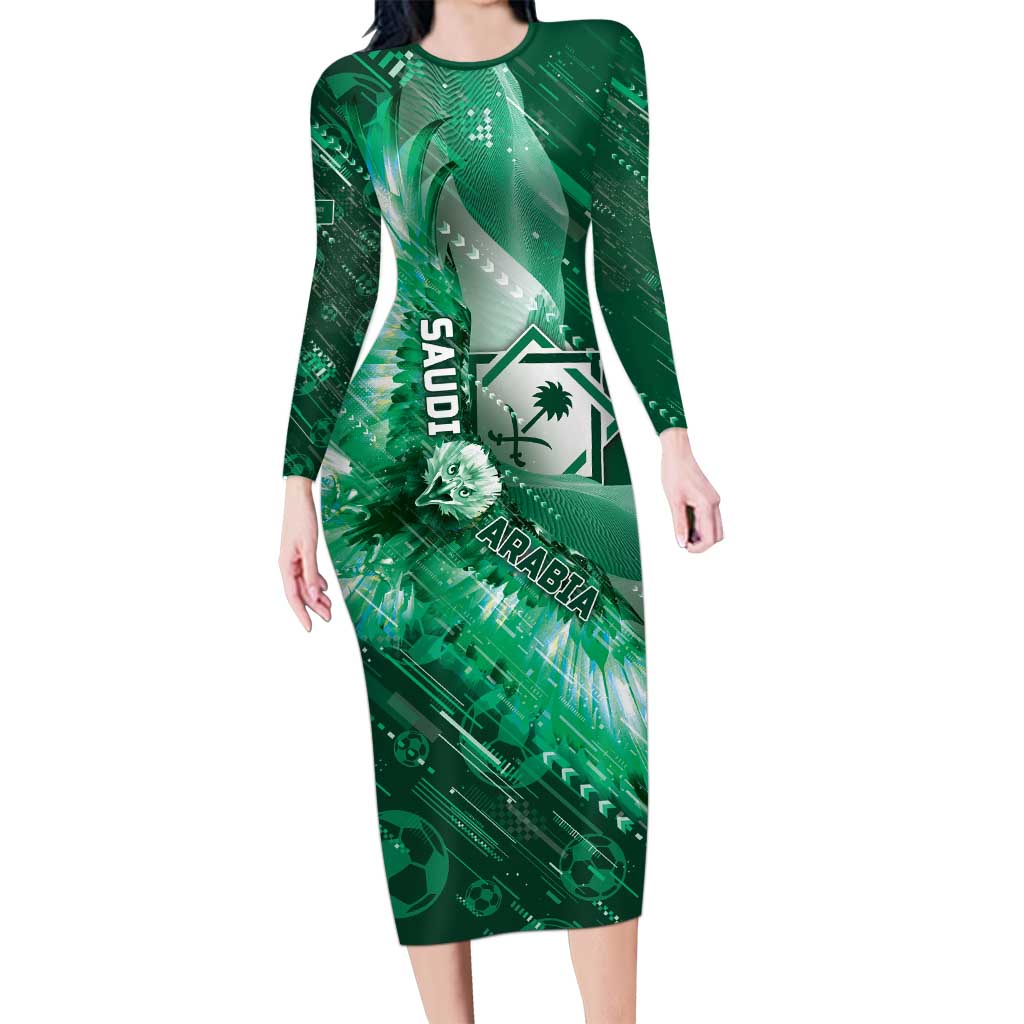 Custom Saudi Arabia Football Long Sleeve Bodycon Dress Eagle With Desert Glitch Cyberpunk Art