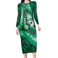 Custom Saudi Arabia Football Long Sleeve Bodycon Dress Eagle With Desert Glitch Cyberpunk Art