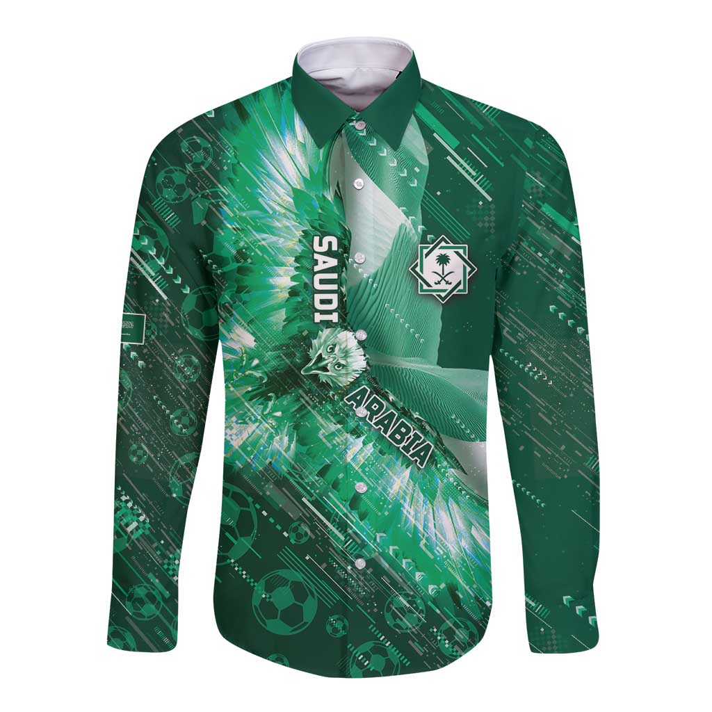 Custom Saudi Arabia Football Long Sleeve Button Shirt Eagle With Desert Glitch Cyberpunk Art