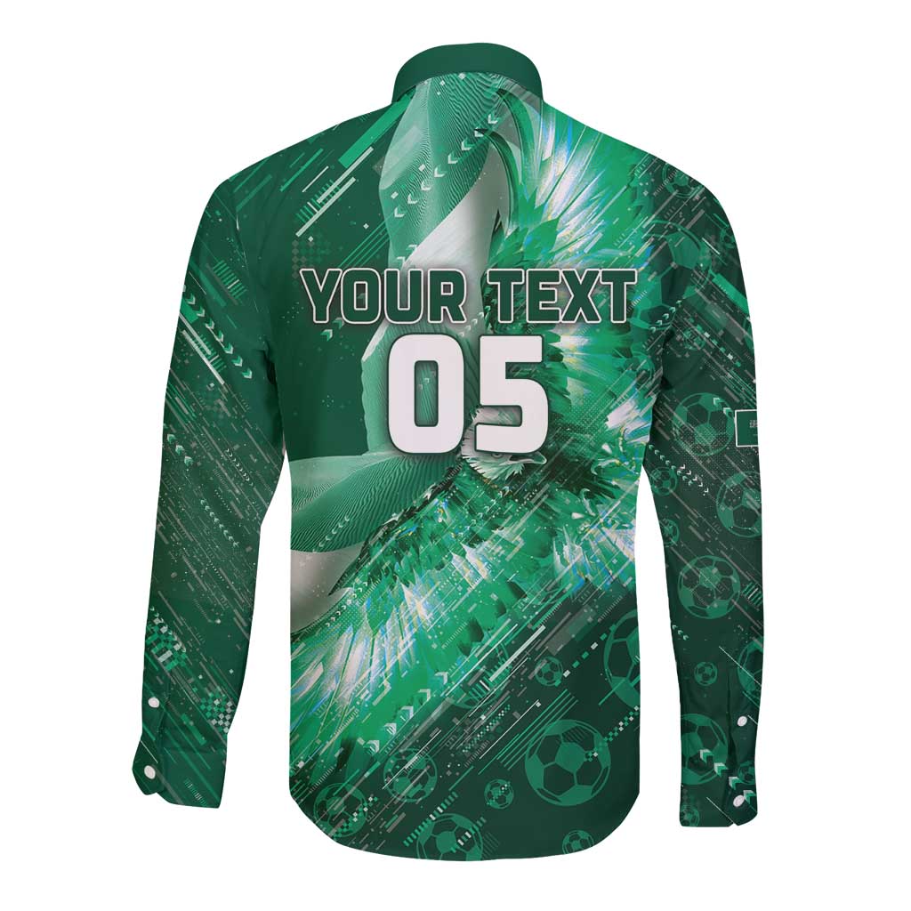 Custom Saudi Arabia Football Long Sleeve Button Shirt Eagle With Desert Glitch Cyberpunk Art