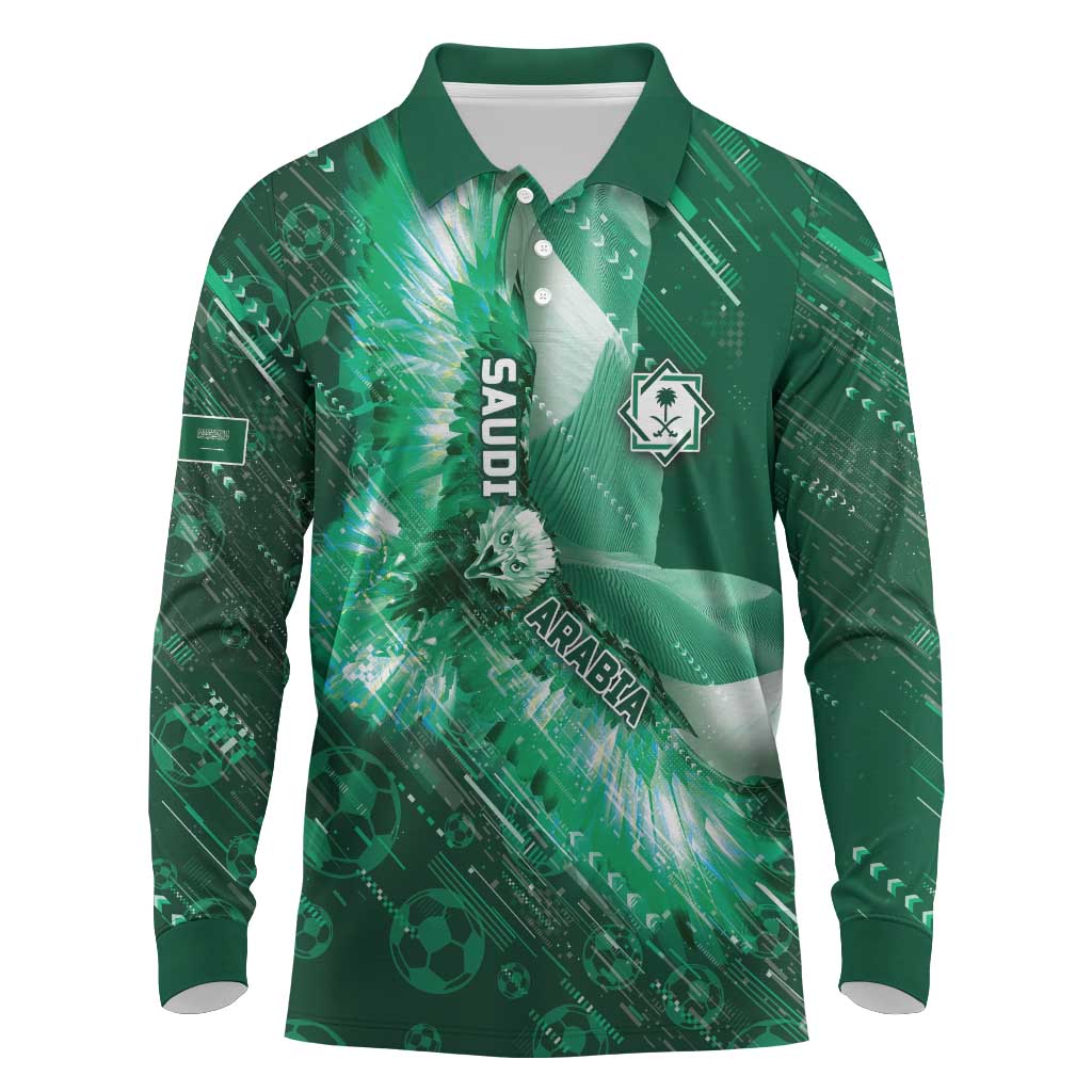 Custom Saudi Arabia Football Long Sleeve Polo Shirt Eagle With Desert Glitch Cyberpunk Art