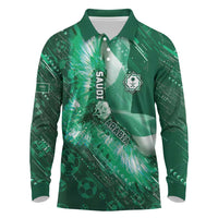 Custom Saudi Arabia Football Long Sleeve Polo Shirt Eagle With Desert Glitch Cyberpunk Art