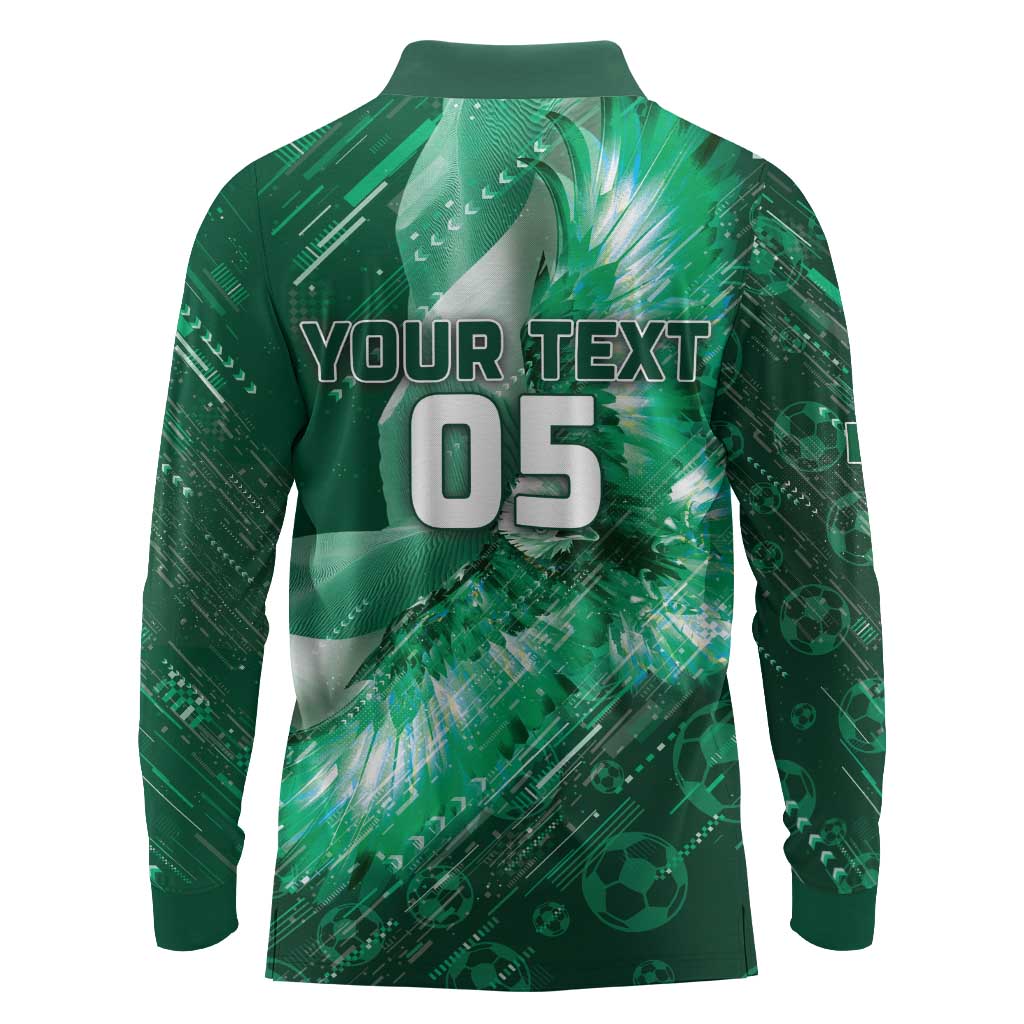 Custom Saudi Arabia Football Long Sleeve Polo Shirt Eagle With Desert Glitch Cyberpunk Art