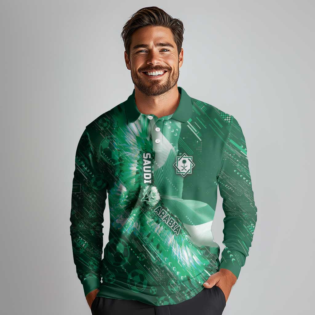 Custom Saudi Arabia Football Long Sleeve Polo Shirt Eagle With Desert Glitch Cyberpunk Art