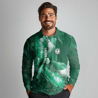 Custom Saudi Arabia Football Long Sleeve Polo Shirt Eagle With Desert Glitch Cyberpunk Art