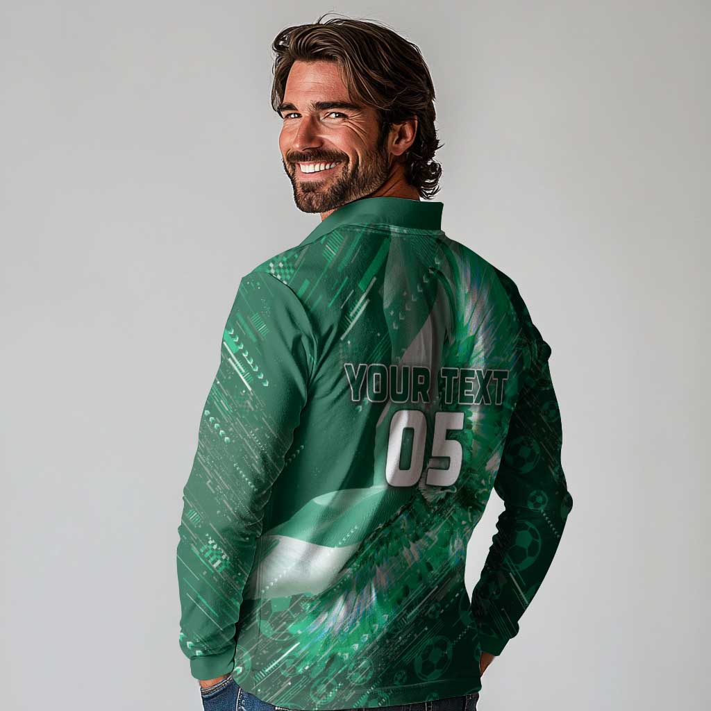 Custom Saudi Arabia Football Long Sleeve Polo Shirt Eagle With Desert Glitch Cyberpunk Art