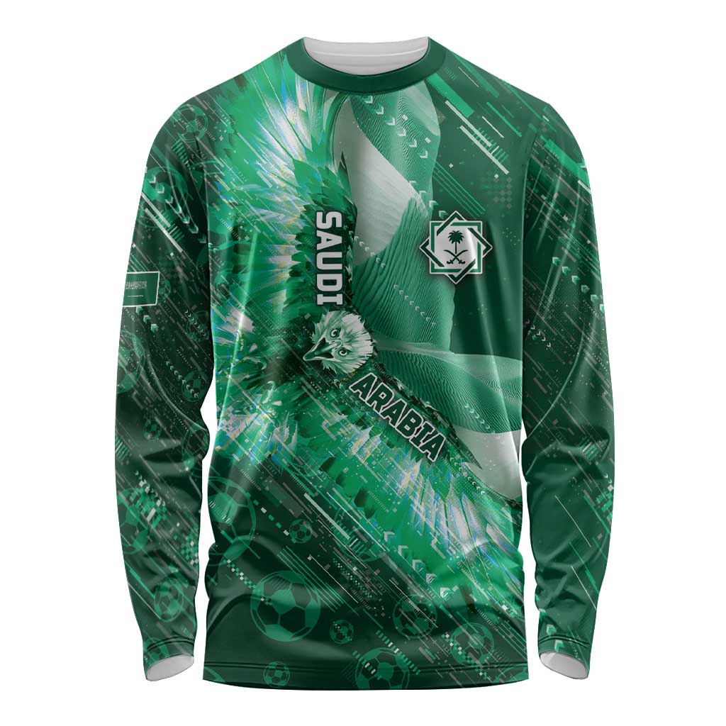 Custom Saudi Arabia Football Long Sleeve Shirt Eagle With Desert Glitch Cyberpunk Art