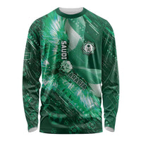 Custom Saudi Arabia Football Long Sleeve Shirt Eagle With Desert Glitch Cyberpunk Art