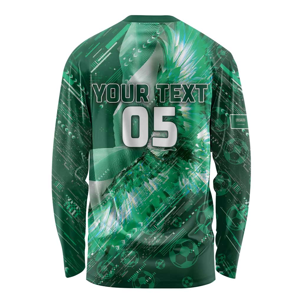 Custom Saudi Arabia Football Long Sleeve Shirt Eagle With Desert Glitch Cyberpunk Art