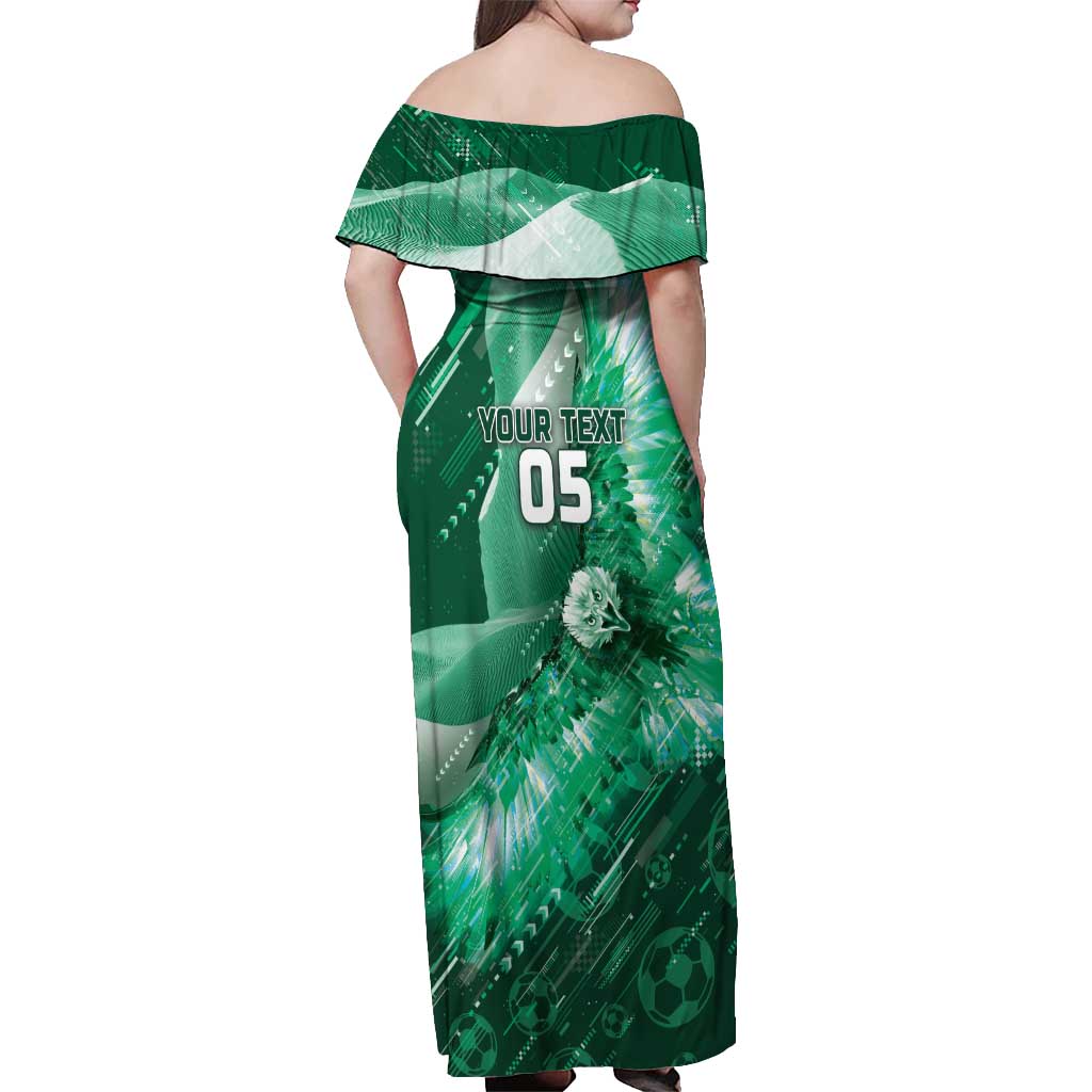 Custom Saudi Arabia Football Off Shoulder Maxi Dress Eagle With Desert Glitch Cyberpunk Art