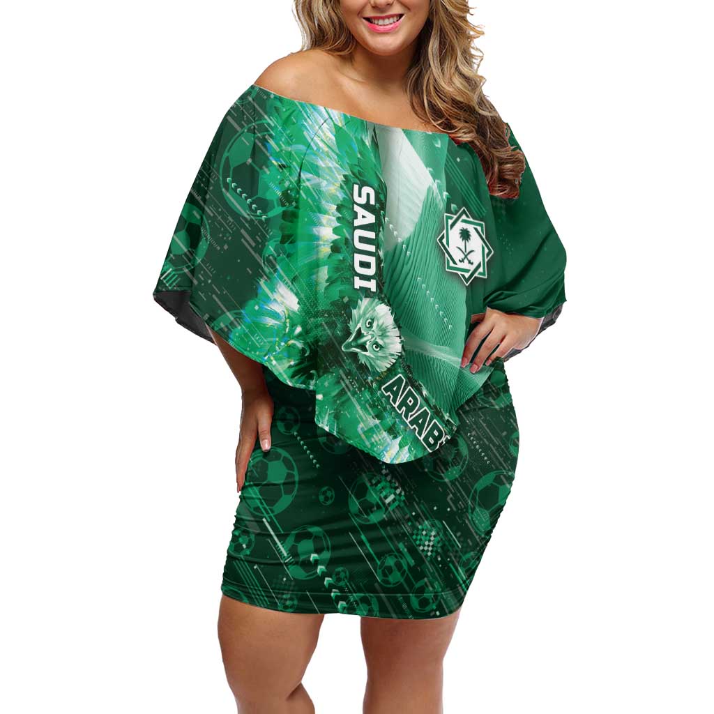 Custom Saudi Arabia Football Off Shoulder Short Dress Eagle With Desert Glitch Cyberpunk Art