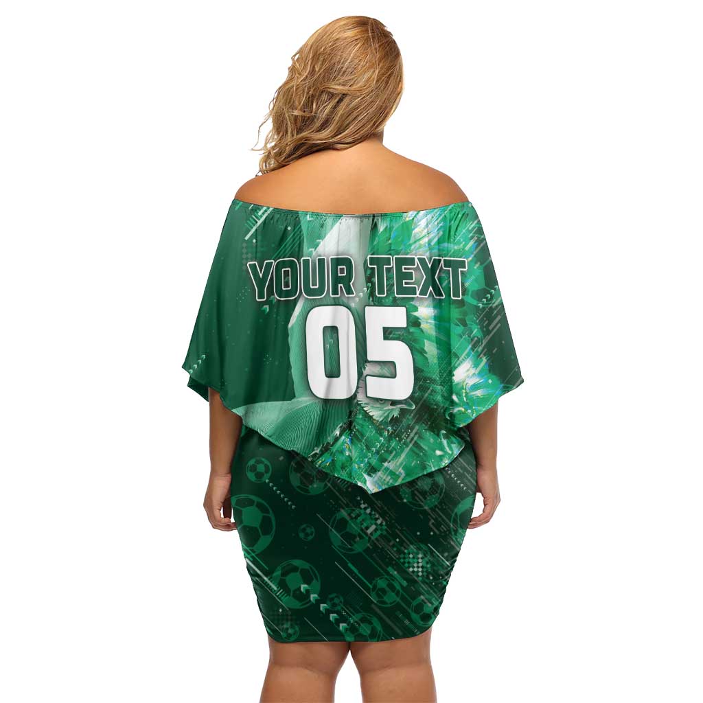 Custom Saudi Arabia Football Off Shoulder Short Dress Eagle With Desert Glitch Cyberpunk Art