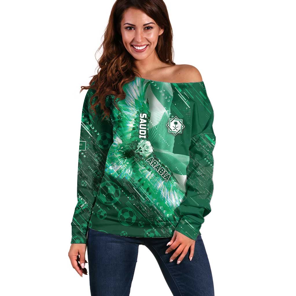 Custom Saudi Arabia Football Off Shoulder Sweater Eagle With Desert Glitch Cyberpunk Art