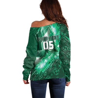 Custom Saudi Arabia Football Off Shoulder Sweater Eagle With Desert Glitch Cyberpunk Art
