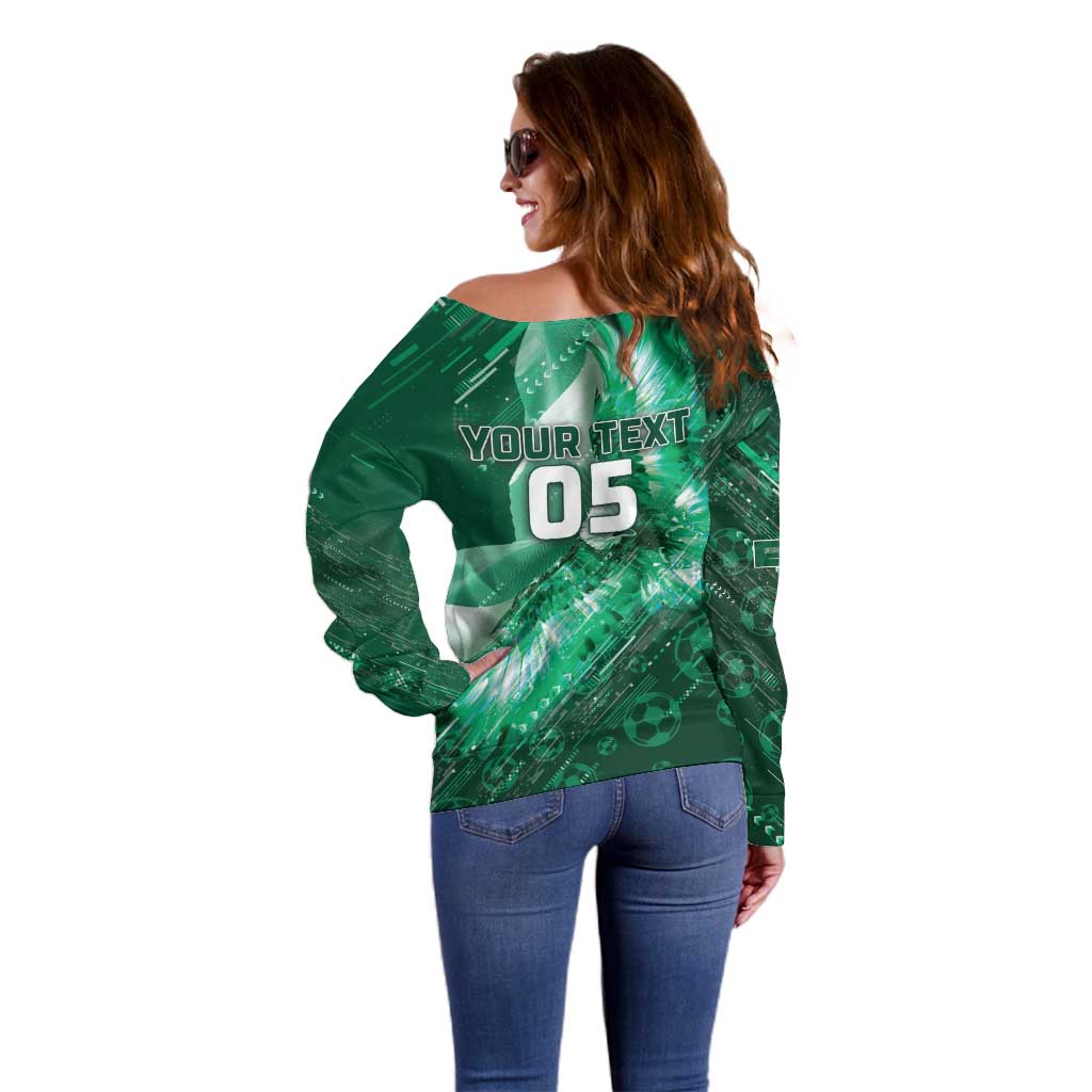 Custom Saudi Arabia Football Off Shoulder Sweater Eagle With Desert Glitch Cyberpunk Art