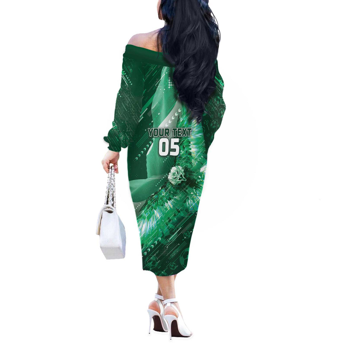 Custom Saudi Arabia Football Off The Shoulder Long Sleeve Dress Eagle With Desert Glitch Cyberpunk Art