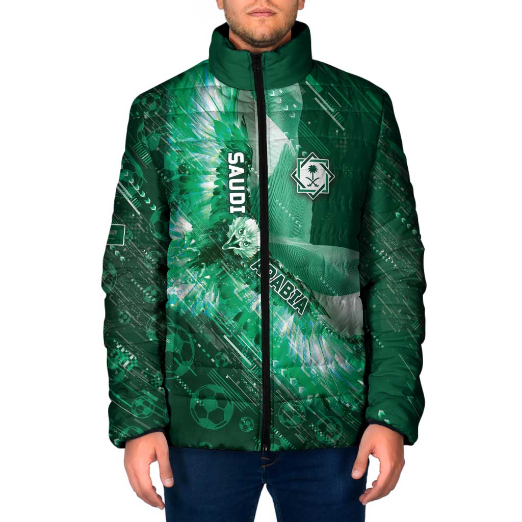 Custom Saudi Arabia Football Padded Jacket Eagle With Desert Glitch Cyberpunk Art