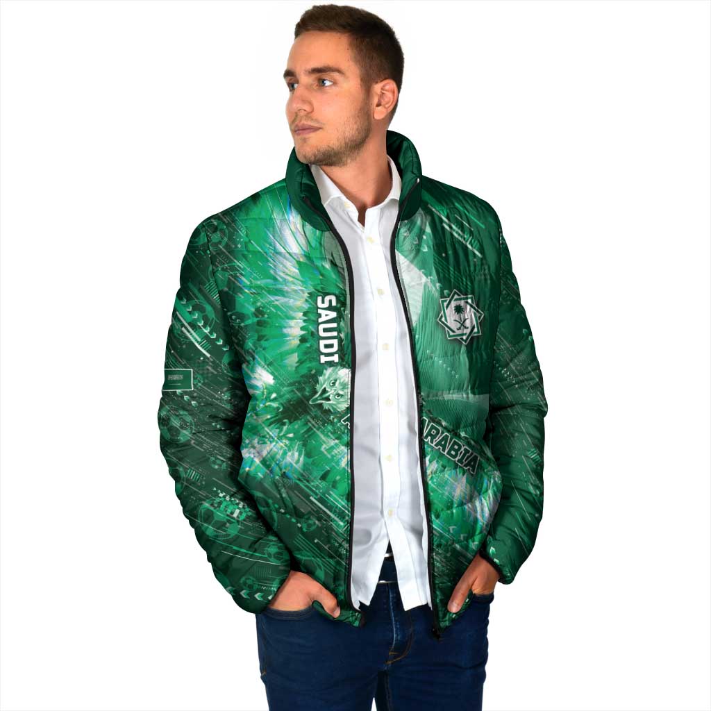 Custom Saudi Arabia Football Padded Jacket Eagle With Desert Glitch Cyberpunk Art