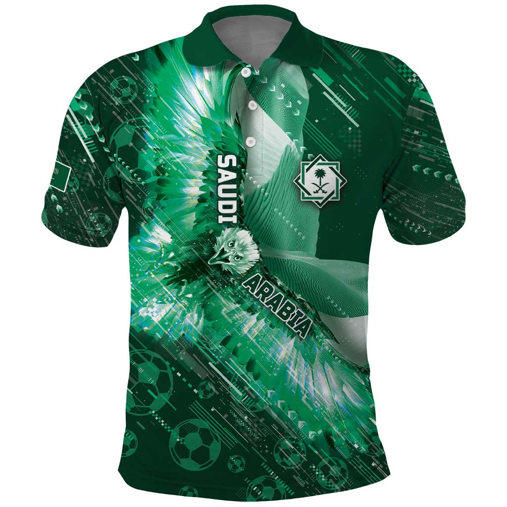Custom Saudi Arabia Football Polo Shirt Eagle With Desert Glitch Cyberpunk Art