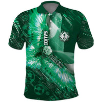 Custom Saudi Arabia Football Polo Shirt Eagle With Desert Glitch Cyberpunk Art