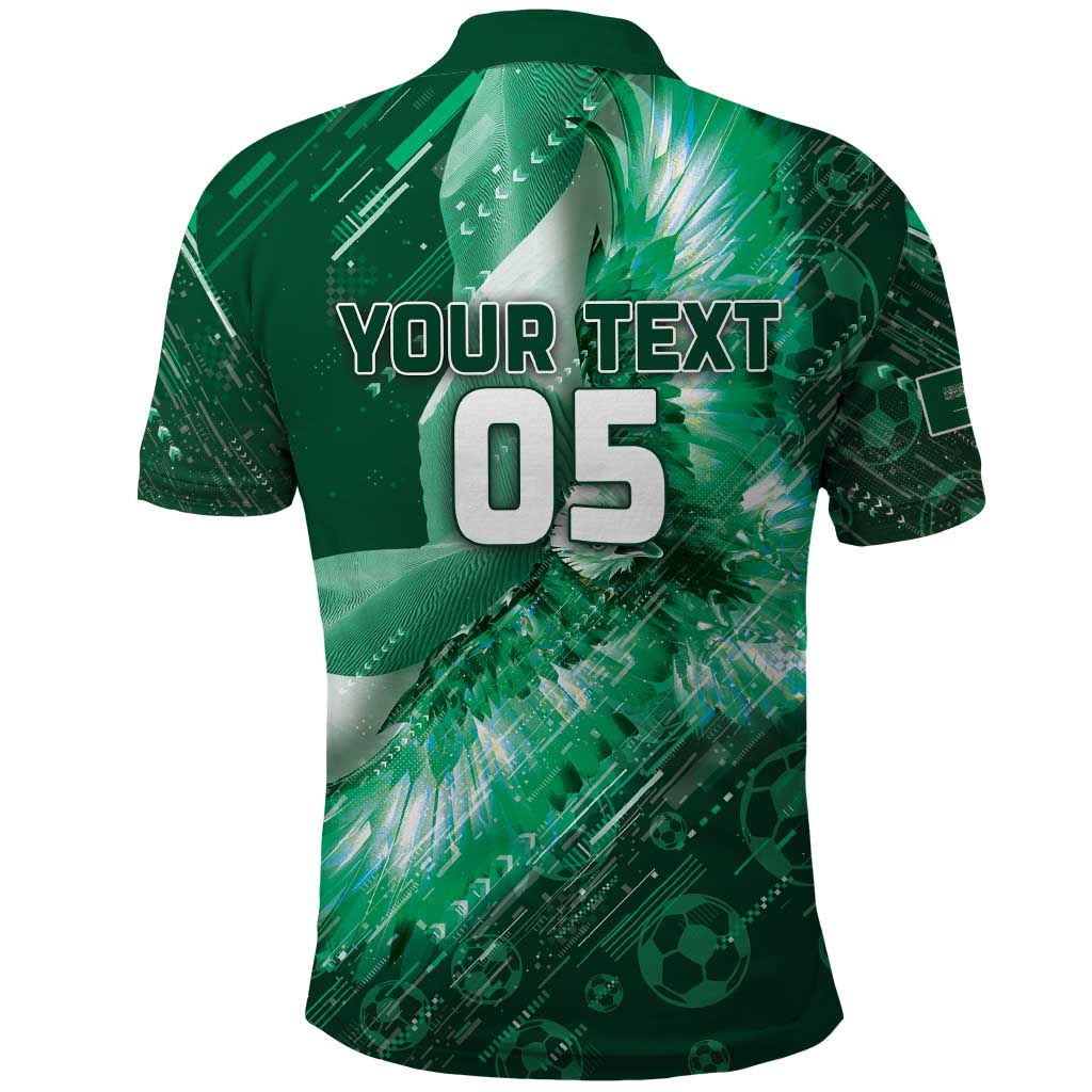 Custom Saudi Arabia Football Polo Shirt Eagle With Desert Glitch Cyberpunk Art