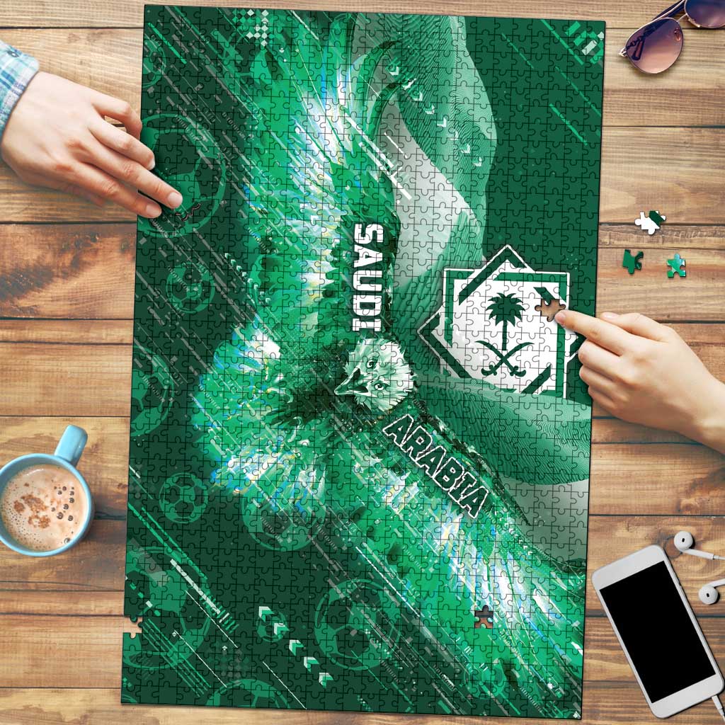 Saudi Arabia Football Puzzle Eagle With Desert Glitch Cyberpunk Art