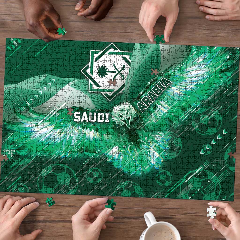 Saudi Arabia Football Puzzle Eagle With Desert Glitch Cyberpunk Art