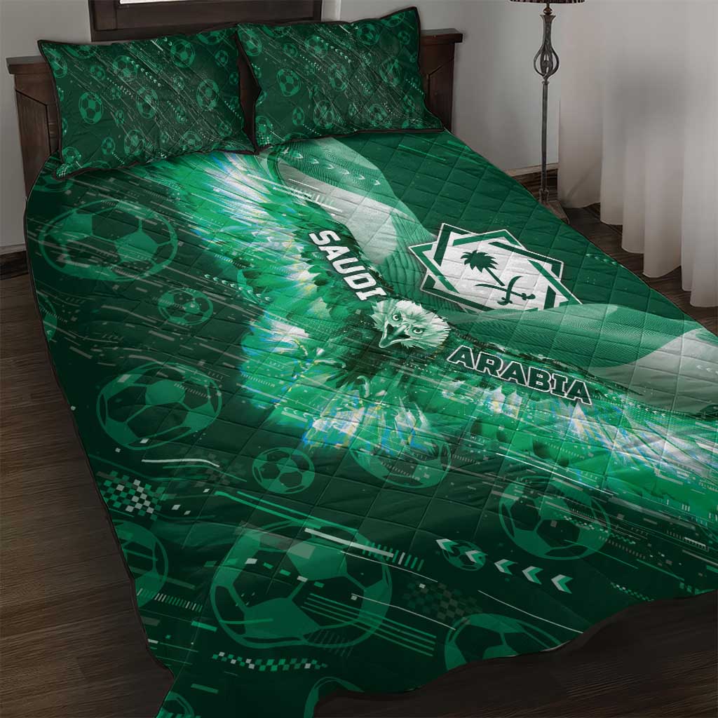 Saudi Arabia Football Quilt Bed Set Eagle With Desert Glitch Cyberpunk Art