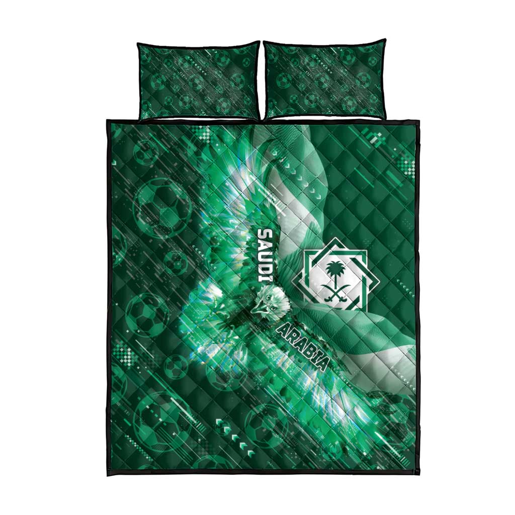Saudi Arabia Football Quilt Bed Set Eagle With Desert Glitch Cyberpunk Art