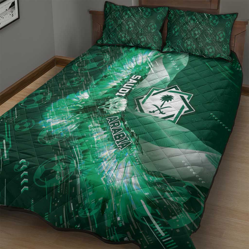 Saudi Arabia Football Quilt Bed Set Eagle With Desert Glitch Cyberpunk Art