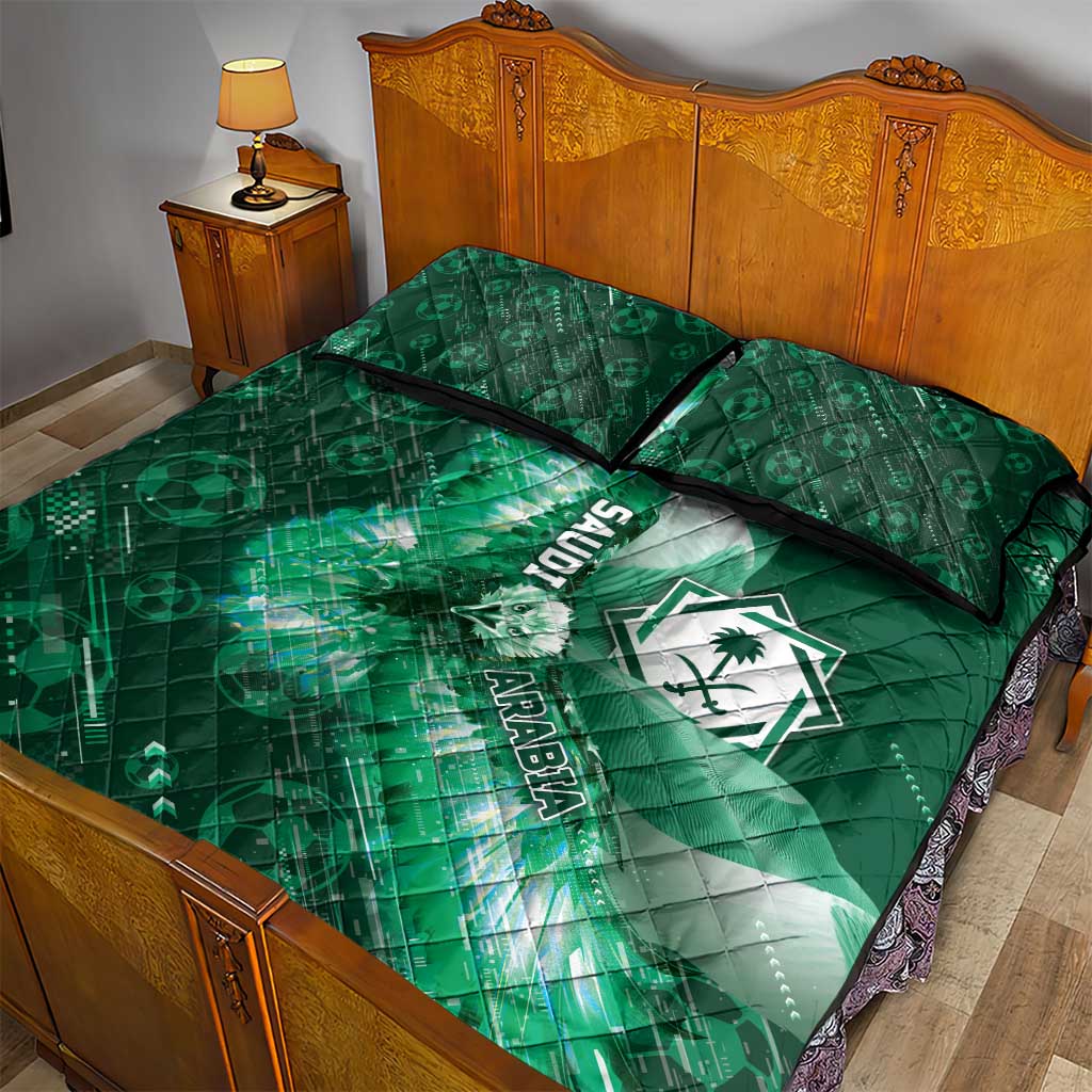 Saudi Arabia Football Quilt Bed Set Eagle With Desert Glitch Cyberpunk Art