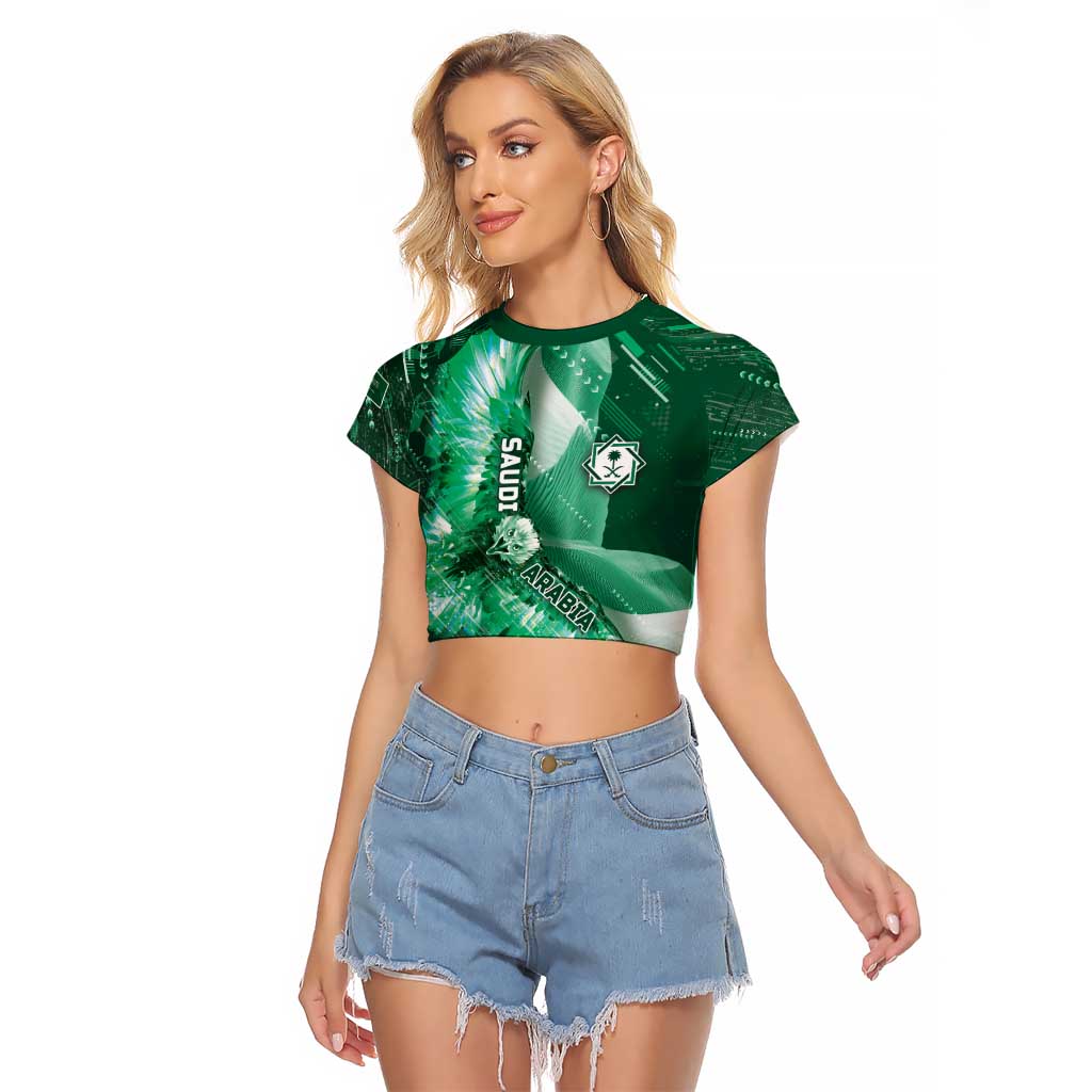 Custom Saudi Arabia Football Raglan Cropped T Shirt Eagle With Desert Glitch Cyberpunk Art