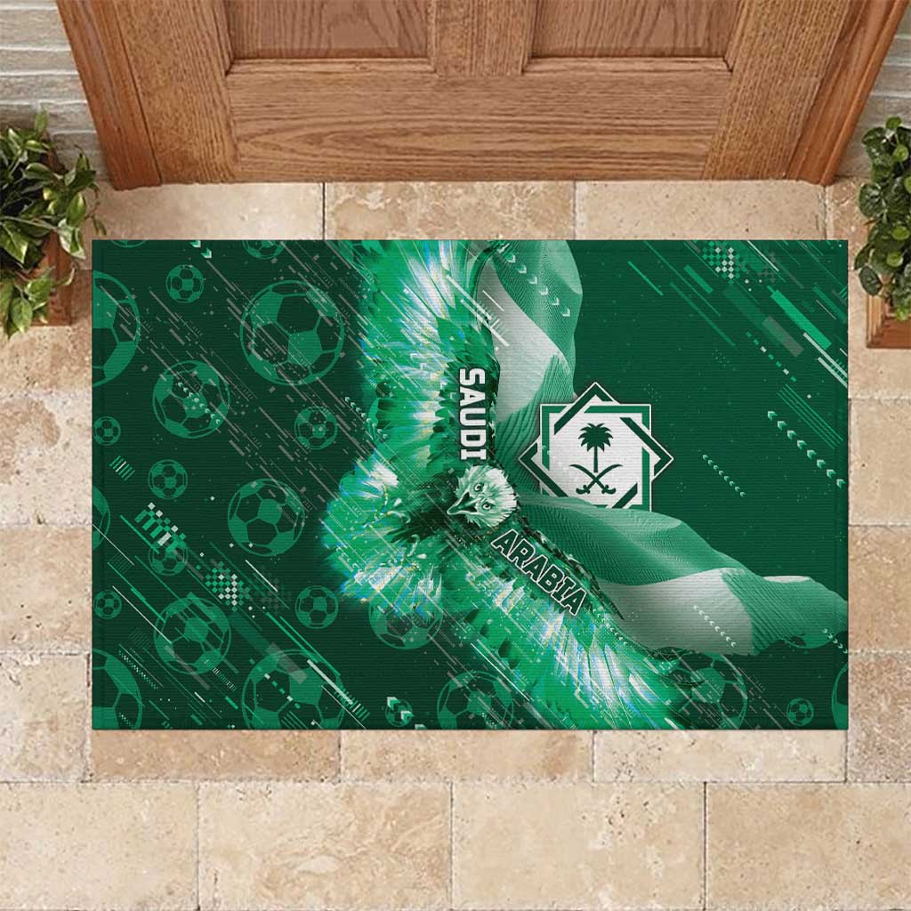 Saudi Arabia Football Rubber Doormat Eagle With Desert Glitch Cyberpunk Art