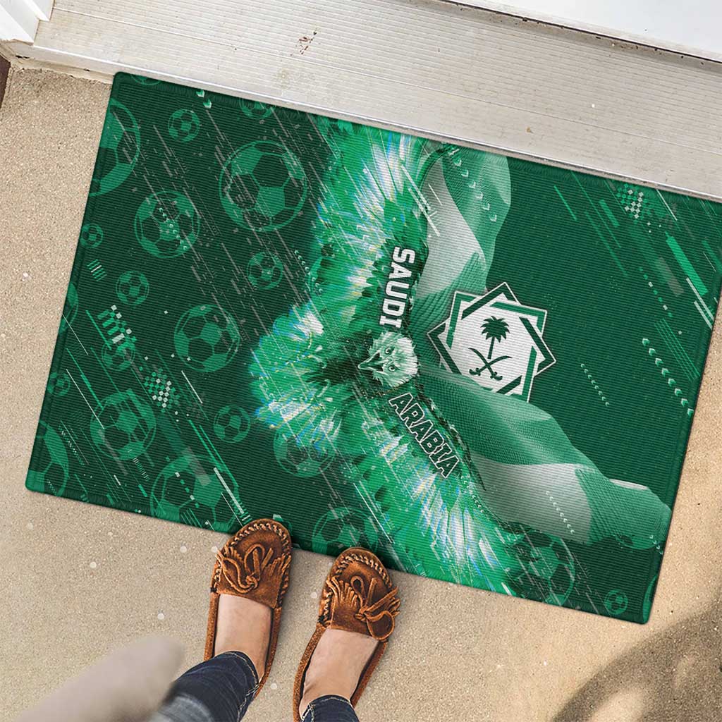 Saudi Arabia Football Rubber Doormat Eagle With Desert Glitch Cyberpunk Art