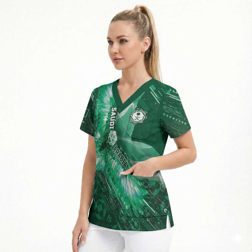 Custom Saudi Arabia Football Scrub Top Eagle With Desert Glitch Cyberpunk Art