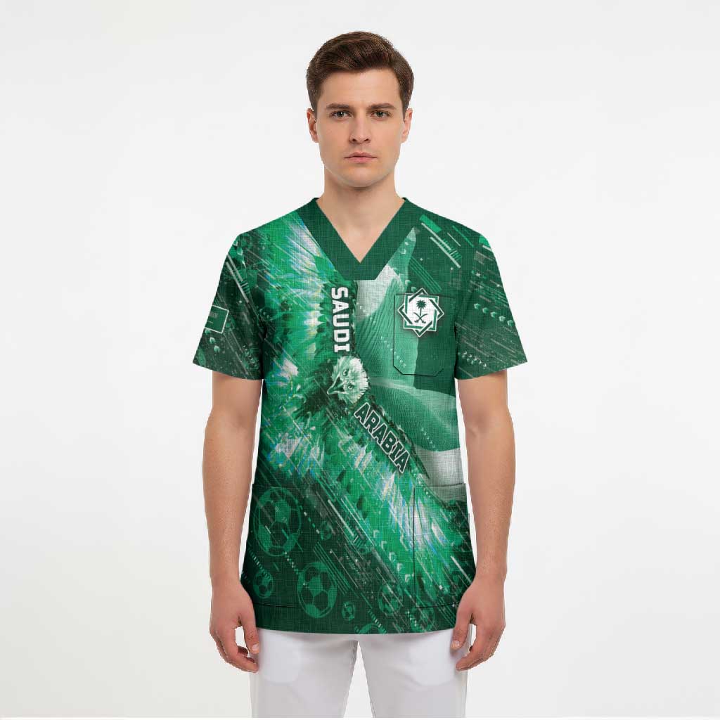 Custom Saudi Arabia Football Scrub Top Eagle With Desert Glitch Cyberpunk Art